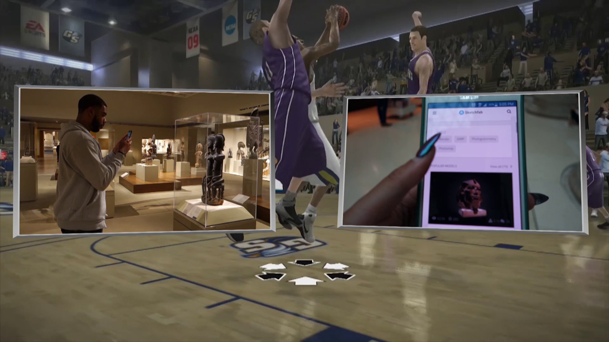 A collage of digital renderings of a man in a museum, a basketball player, and a hand holding a cell phone.