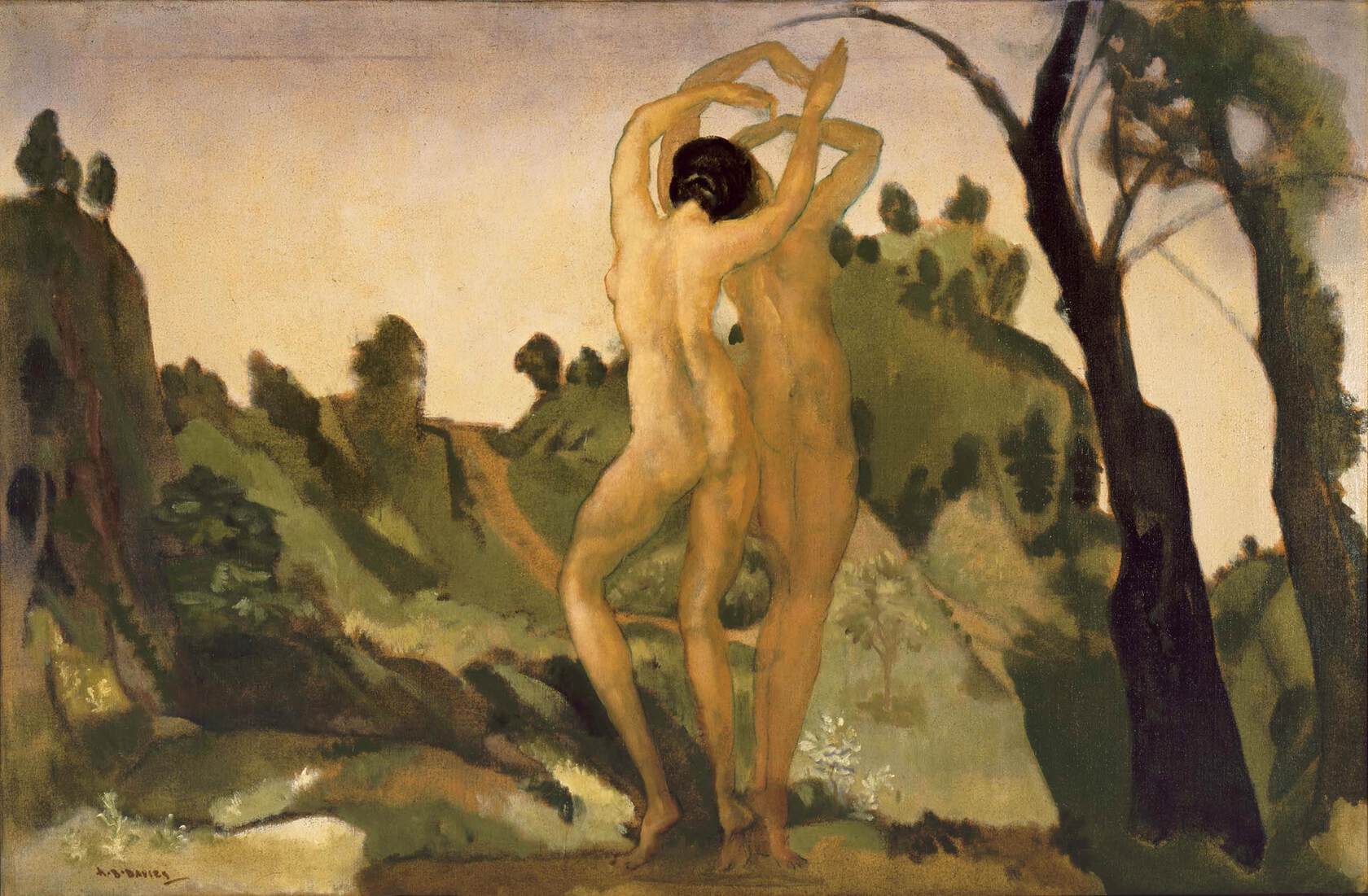 An abstract painting of two nude people dancing in a garden