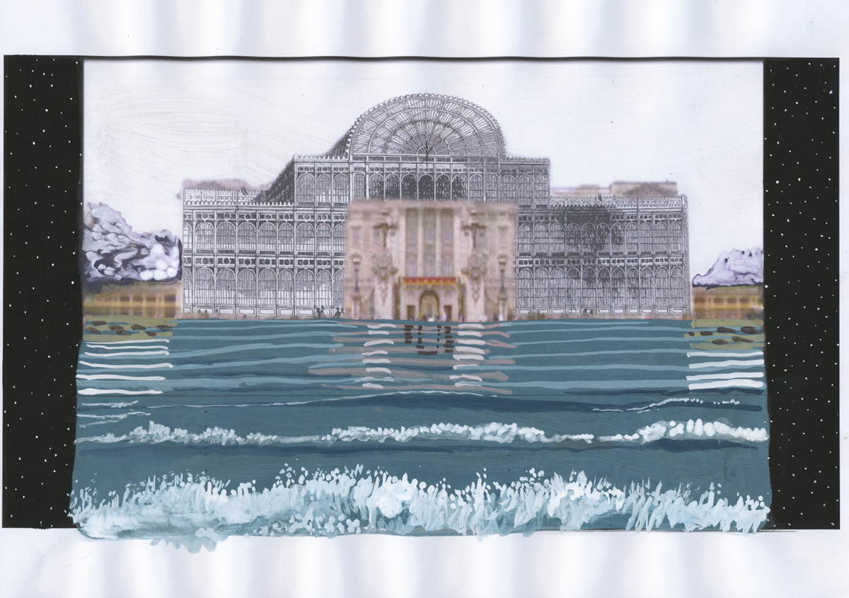 A collage of a large building with waves crashing at its entrance.