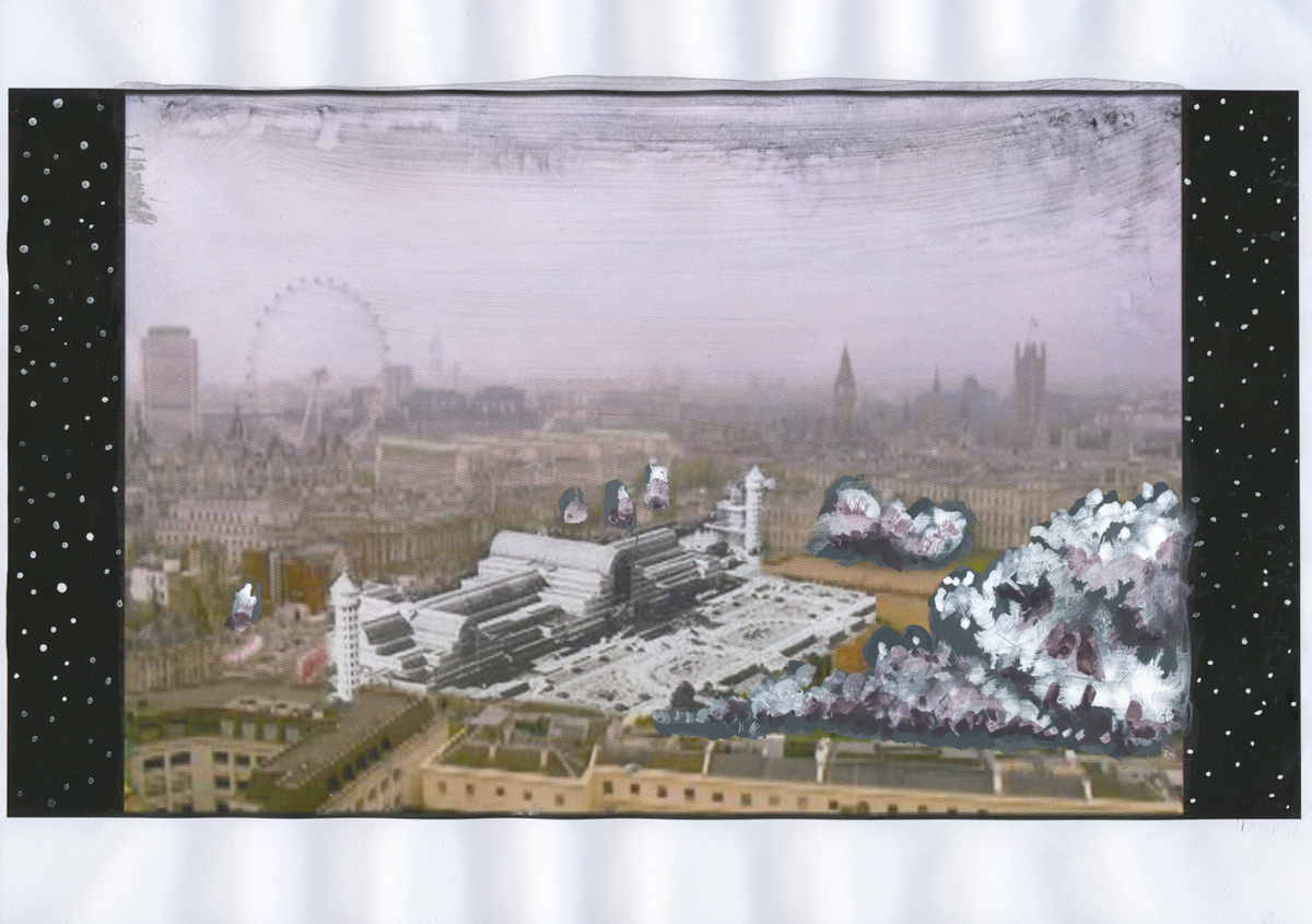 A collaged depiction of the London skyline.
