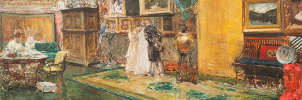 Painting of artist studio interior furnished with a salon of paintings and other objects with two figures looking over work in progress and the artist seated at a nearby table.