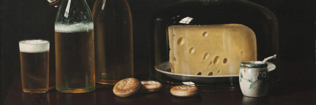 A painting of beer and cheese