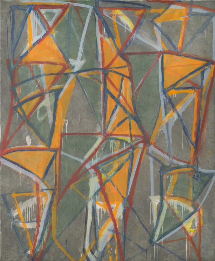 A painting with lose geometric forms and muted hues.