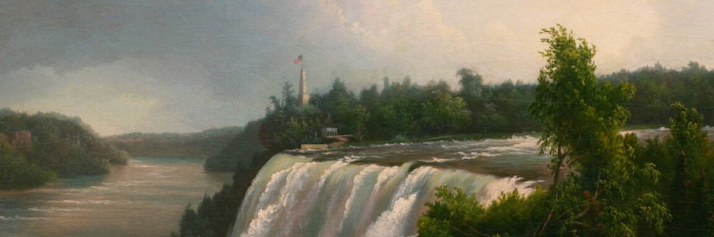 A painting of the horizon with a. waterfall in the foreground