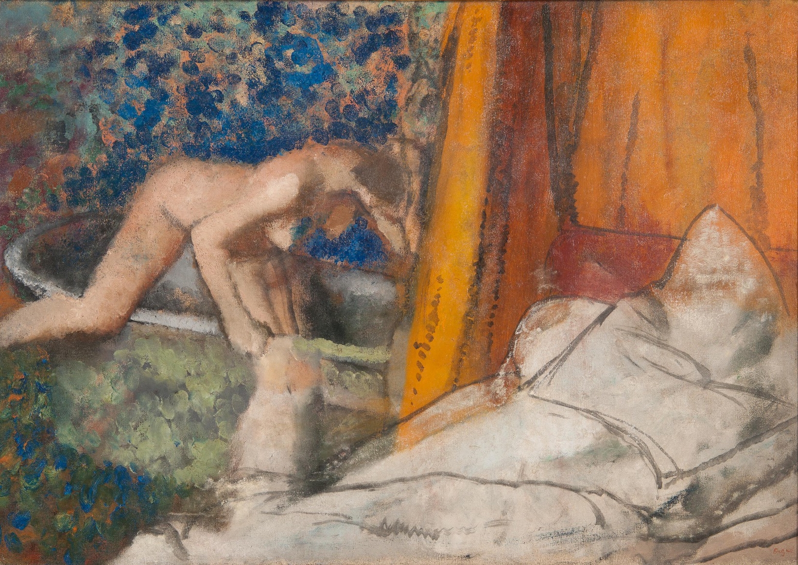 a painting of a woman getting into a bath