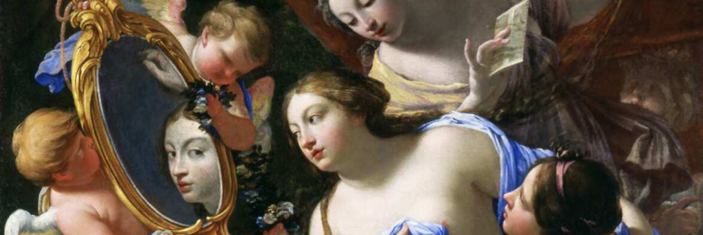 A detail of a painting depicting a woman looking in a mirror while being surrounded by other women and cherubs.