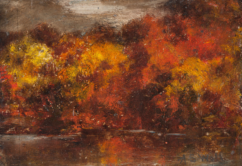 an abstract painting of fall foliage.