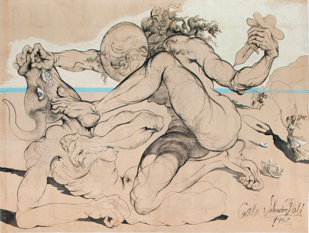 A large drawing of a man wrestling with a minotaur in a surrealistic style