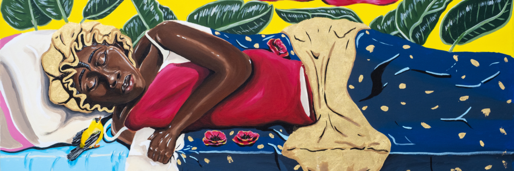 a painting of a person sleeping in a bed.