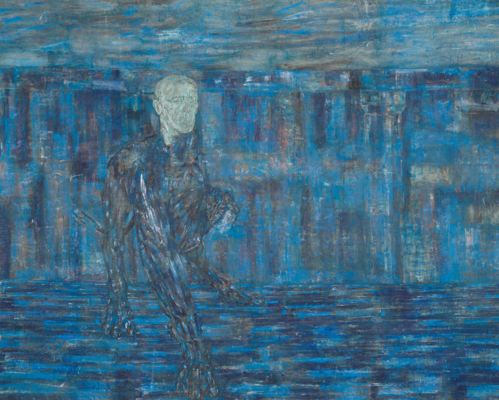 A paining with carious shades of blue obscuring a humanoid figure.