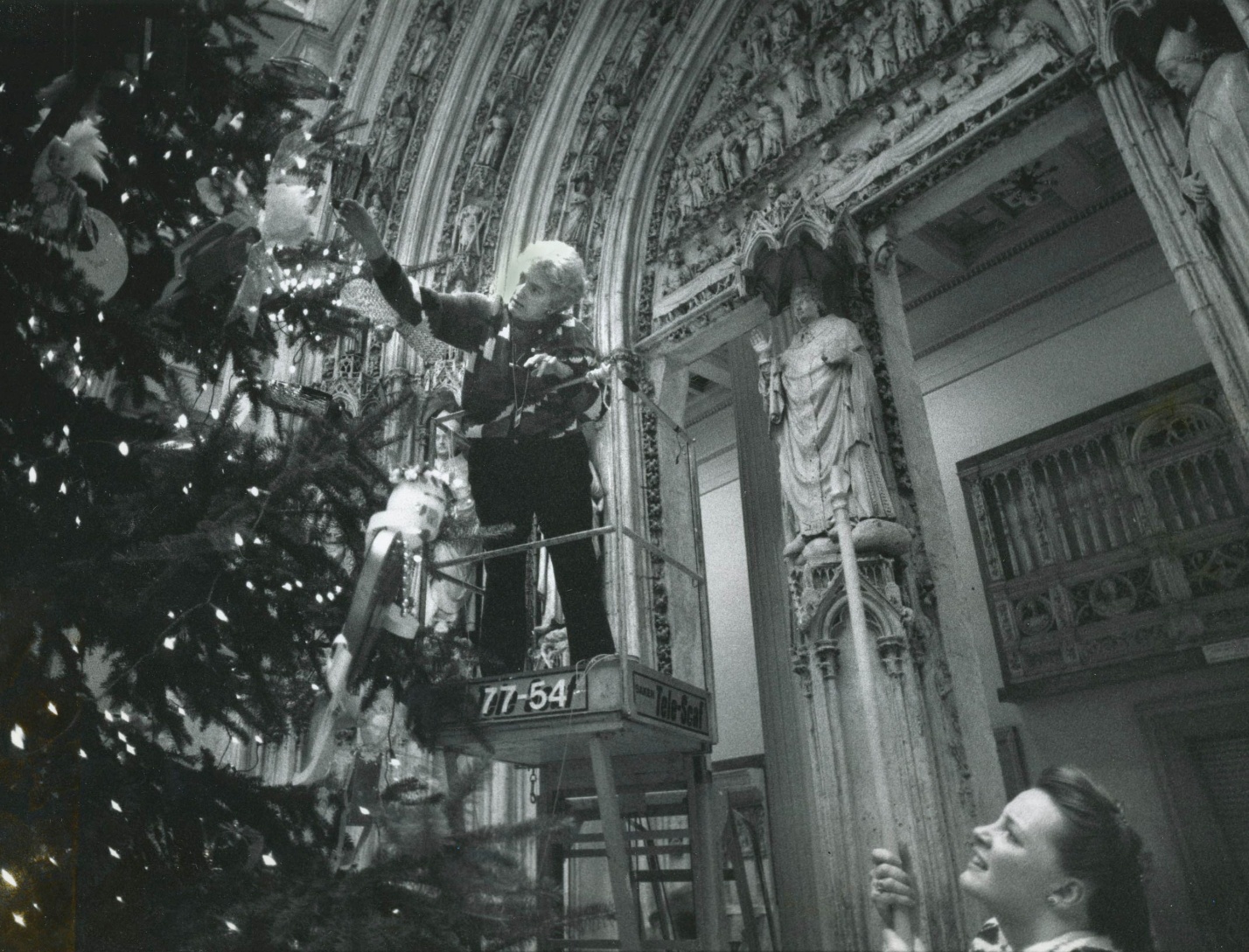 A photo of a woman on an industrial lift decorating trees.