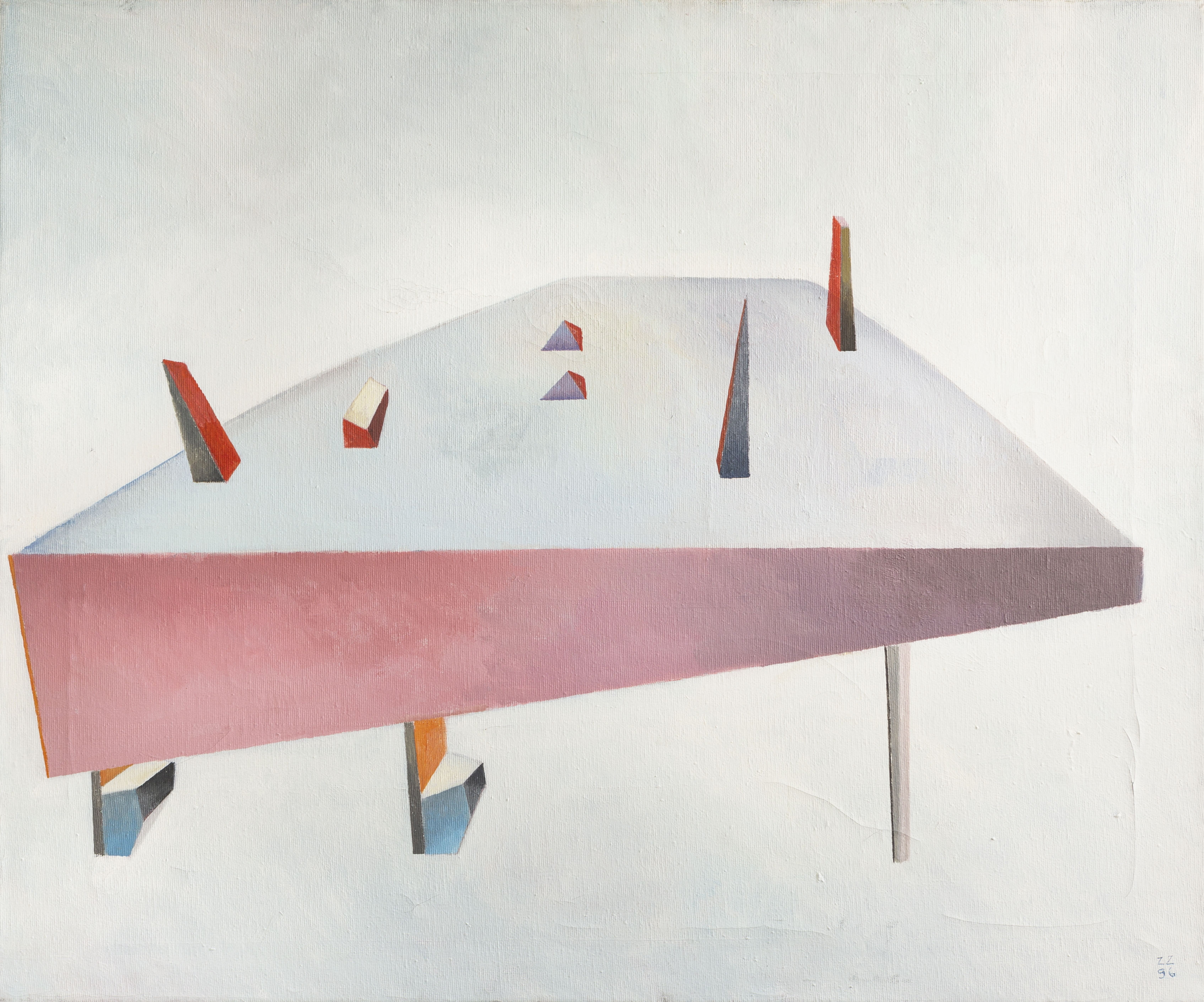 an abstract painting of various geometric forms in a slanted table