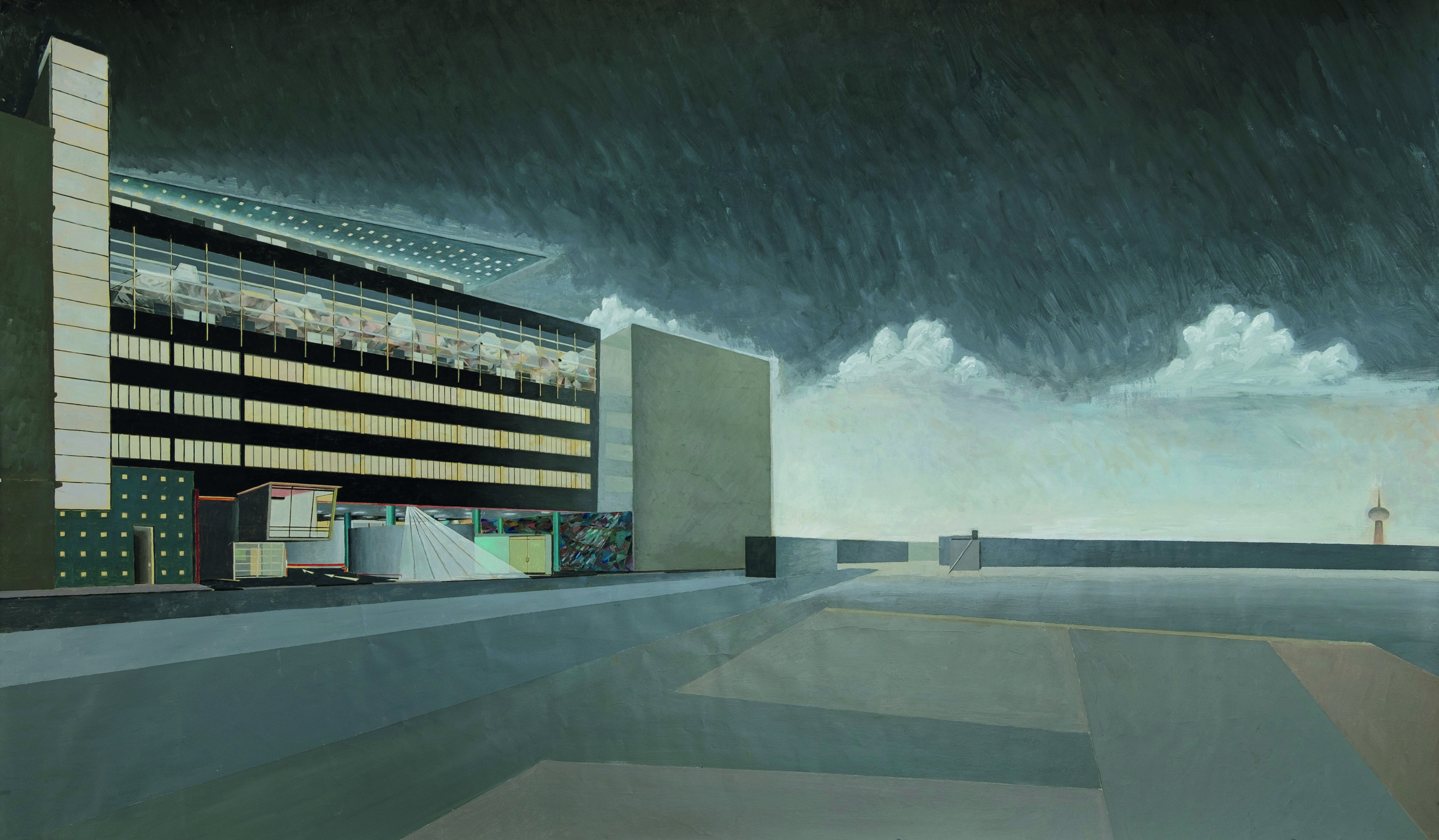 a painting of an airport terminal titled: Checkpoint Charlie by Zoe Zenghelis