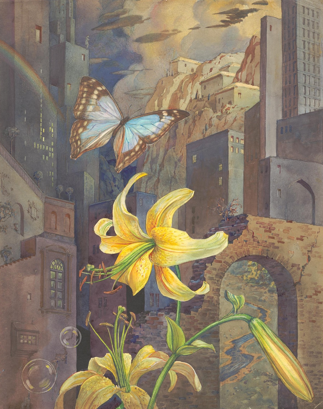 a painting by andrey avinoff of a butterfly next to an orchid with cityscape in the background