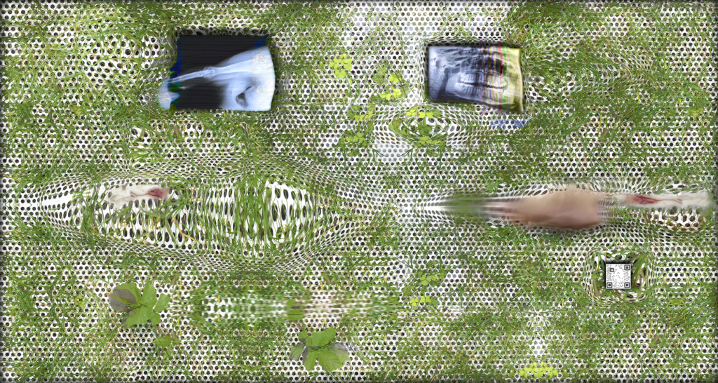 Tishan Hsu, Grass-Screen-Skin: New York, 2021, inkjet on Mylar, with QR code linked to video