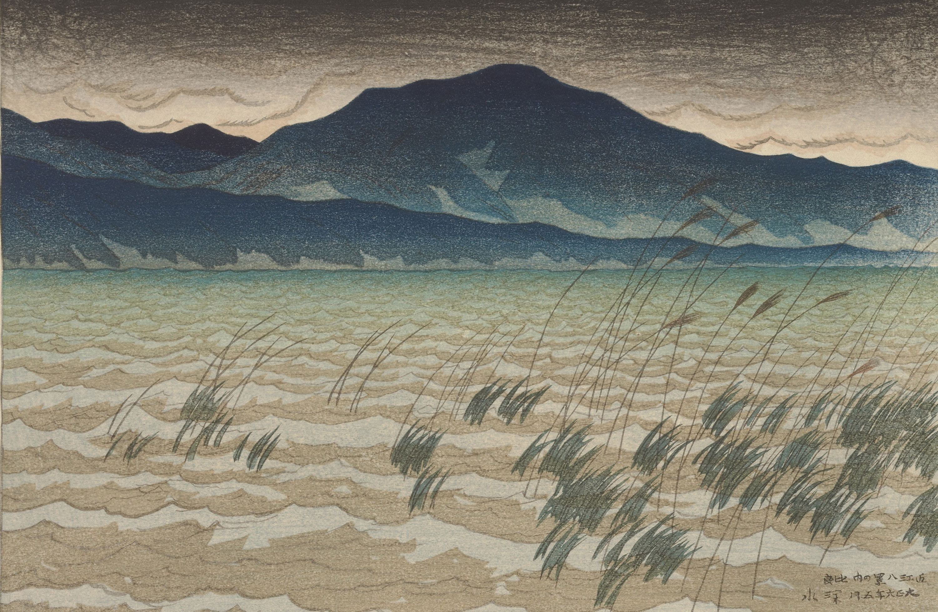 a woodblock of an ocean with mountain in a background