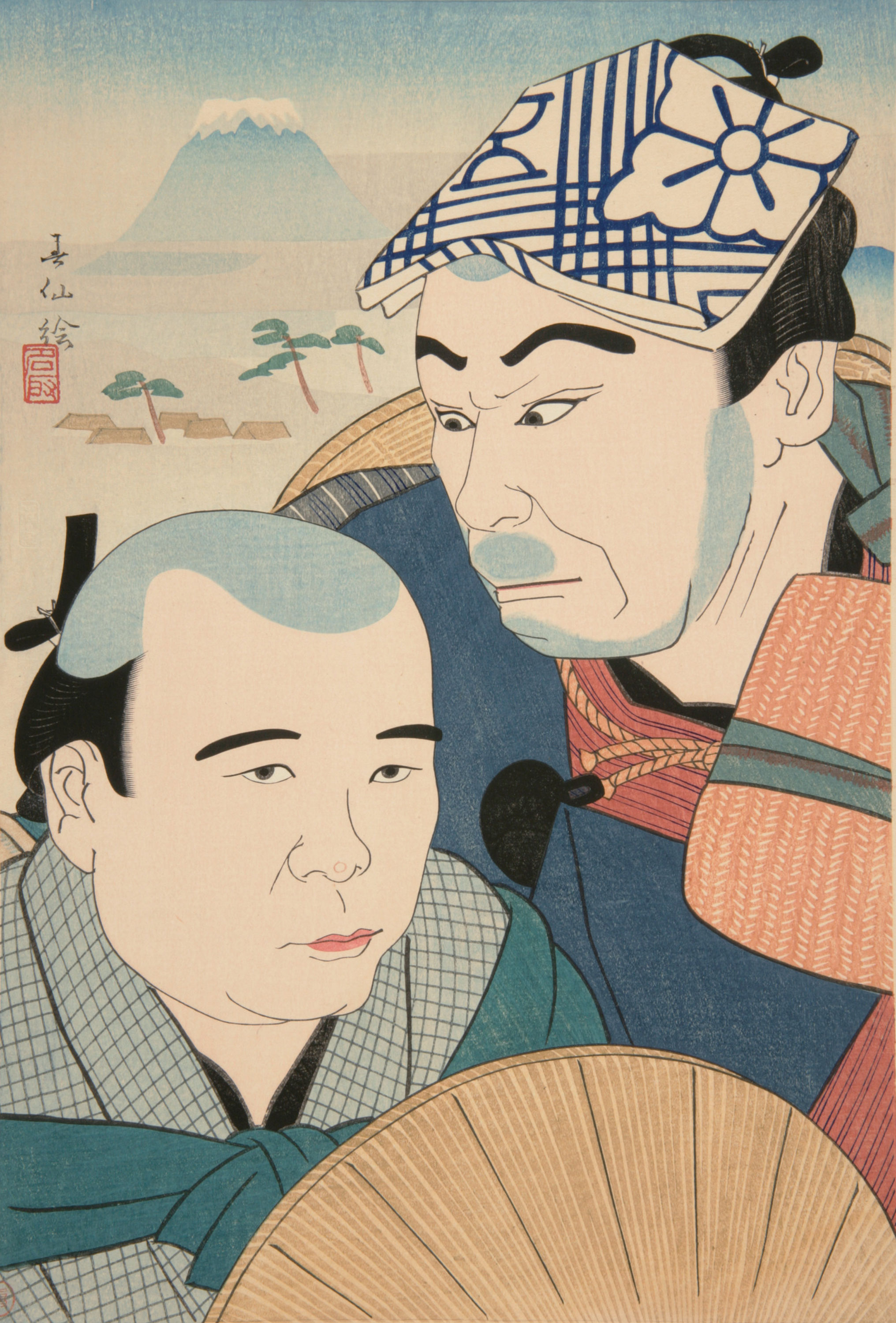 two men in a kabuki theater garb woodblock print