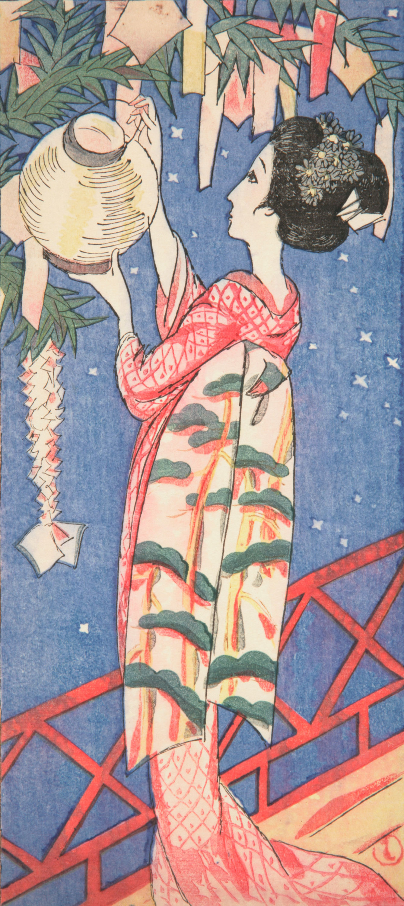 japanese woodblock of a woman hanging a lantern as it is snowing outside