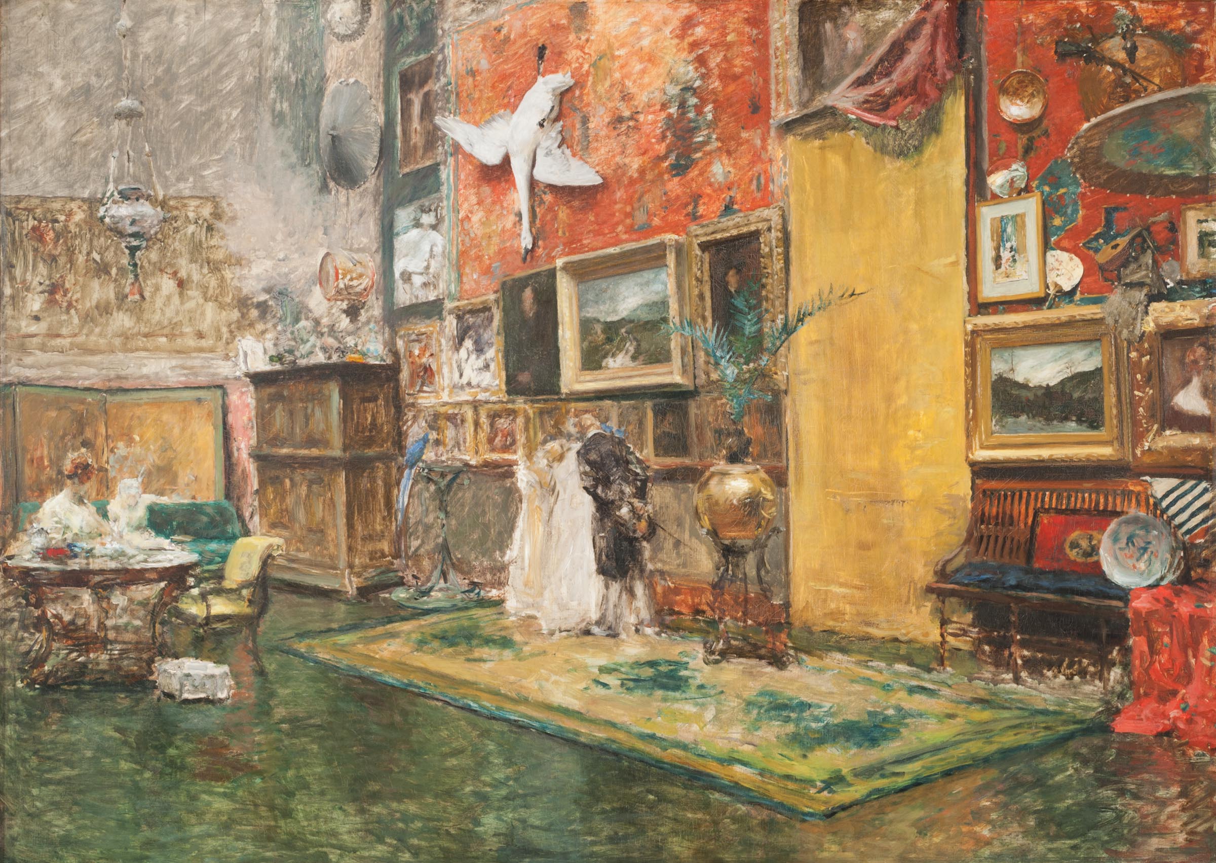 William Merritt Chase, (American, 1849–1916), Tenth Street Studio a painting of a room filled with various taxidermied animals
