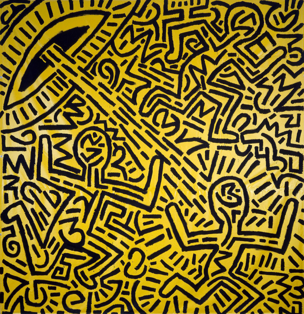 An energetic, two-toned painting filled completely with graphic figures and squiggles taking the shape of a UFO beaming down on a group of characters by Keith Haring