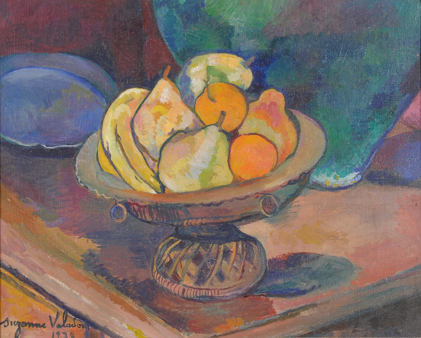 Painting of a bowl of pears, bananas, and citrus fruits