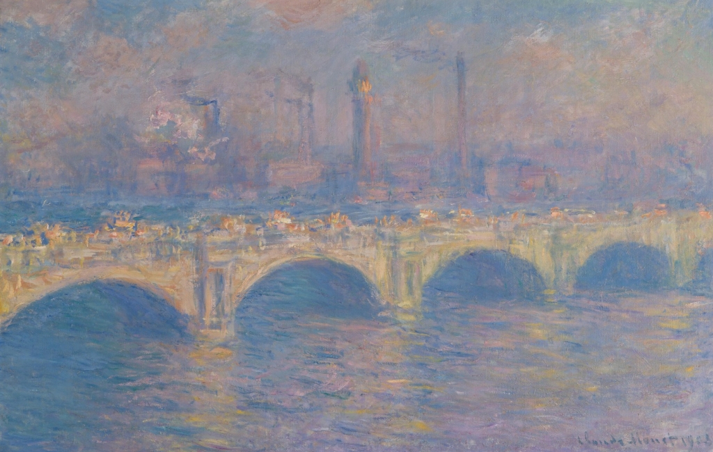 A colorful, hazy painting of a bridge over a river with smoke stacks in the background.