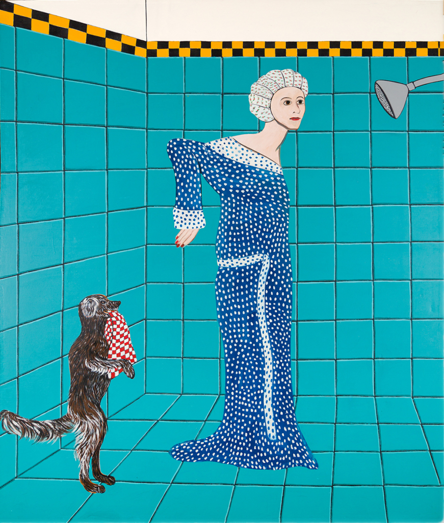women in the show by Joan Brown. A dog is also showering with her.