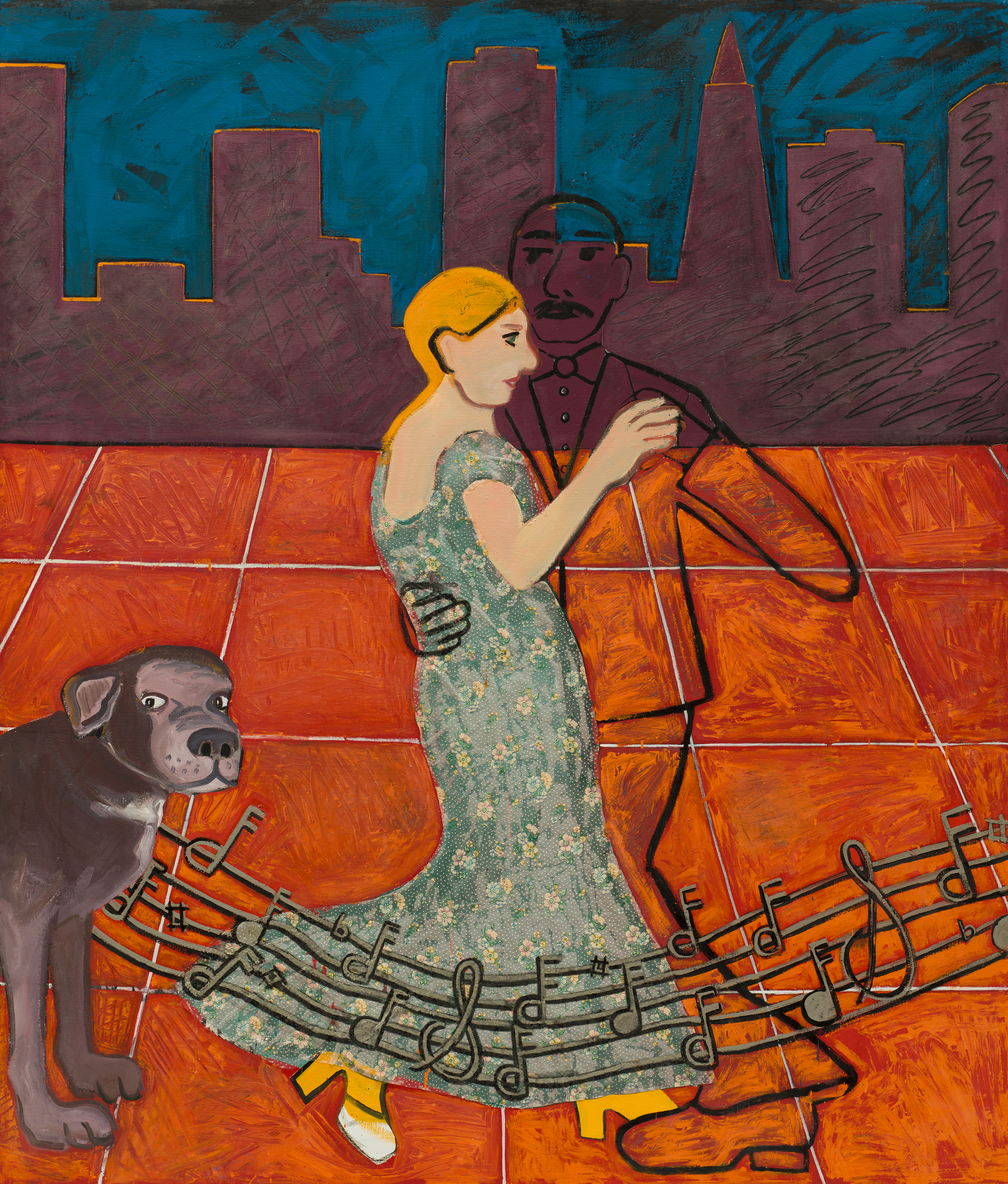 Dancers in the city by Joan Brown. Features a women dancing with the outline of a man as music as music notes flow. A dog is also nearby
