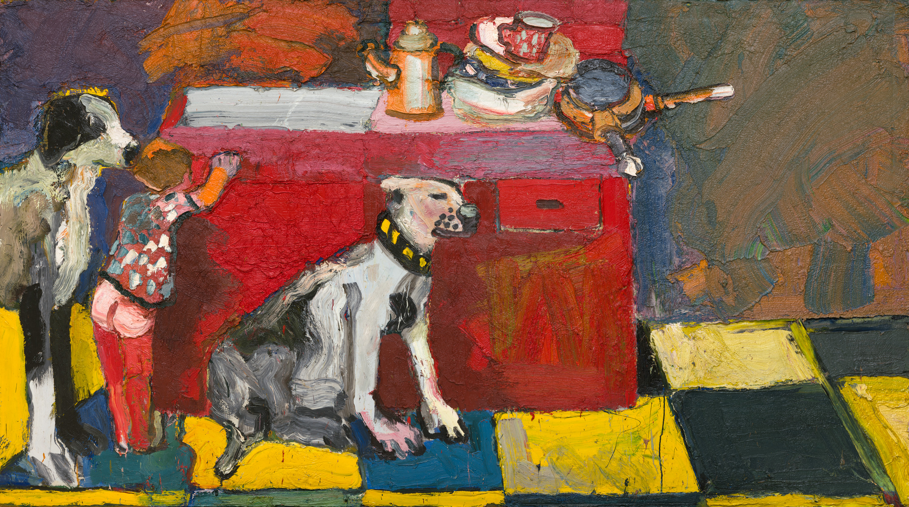 Noel in the Kitchen by Joan Brown. Features two dogs and a child in a kitchen