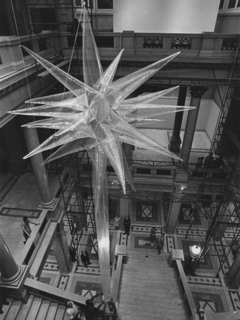 Sculpture hanging in Grand Staircase during the 1970 Carnegie International