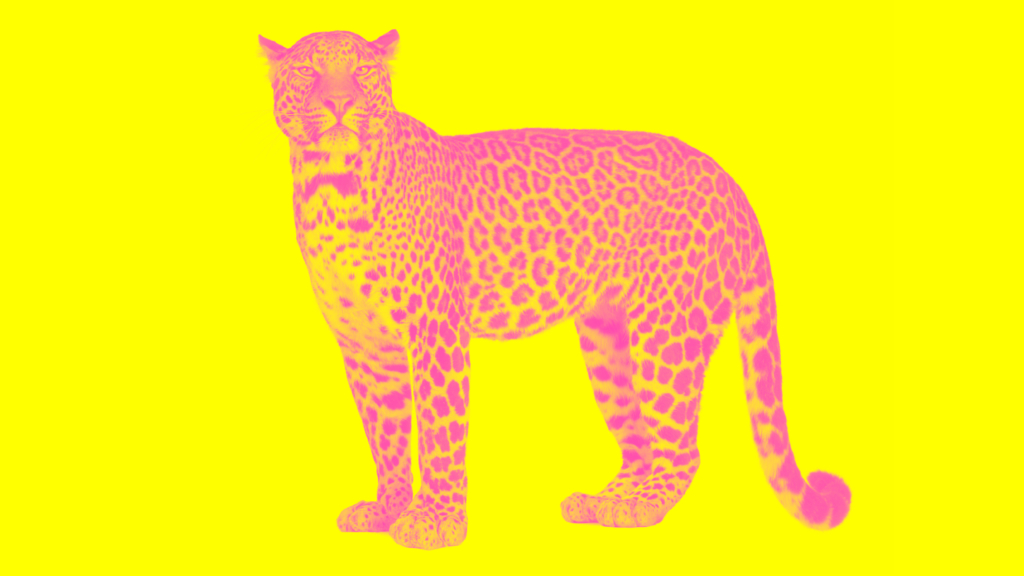 a pink leopard on a yellow background with text that says Lyndon Barrois Jr.: Rosette Opening Celebration and Artist Talk