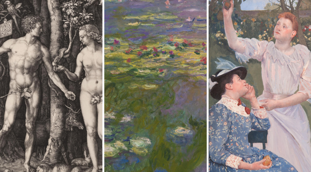 Three paintings side by side in the following order: Albrecht Durers Adam and Eve, Monets Water lillies, and Young Women Picking Fruit by Mary Cassatt