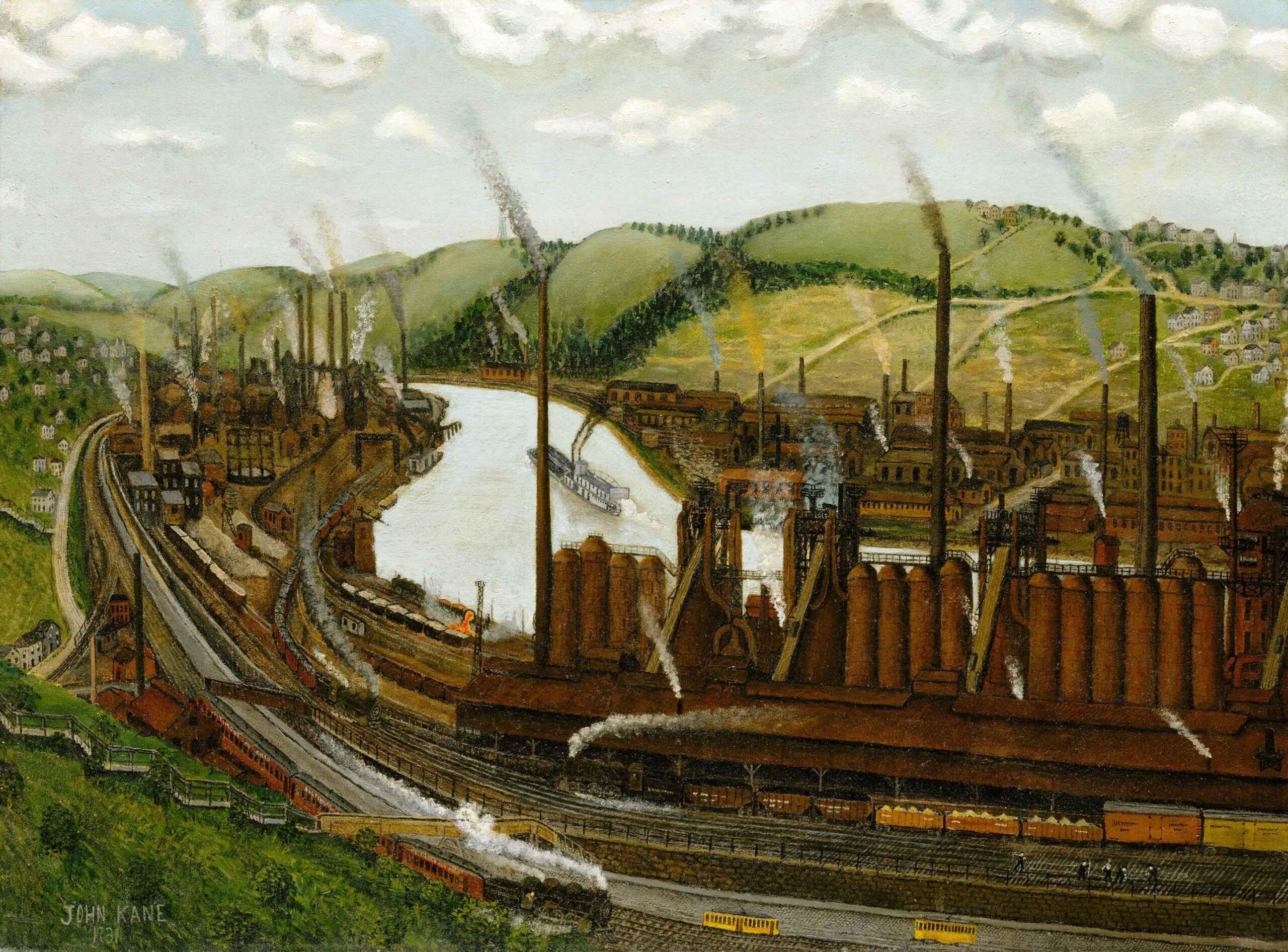 A painting of Pennsylvania's Monongahela River Valley, featuring a river, rolling hills, and a bright sky.