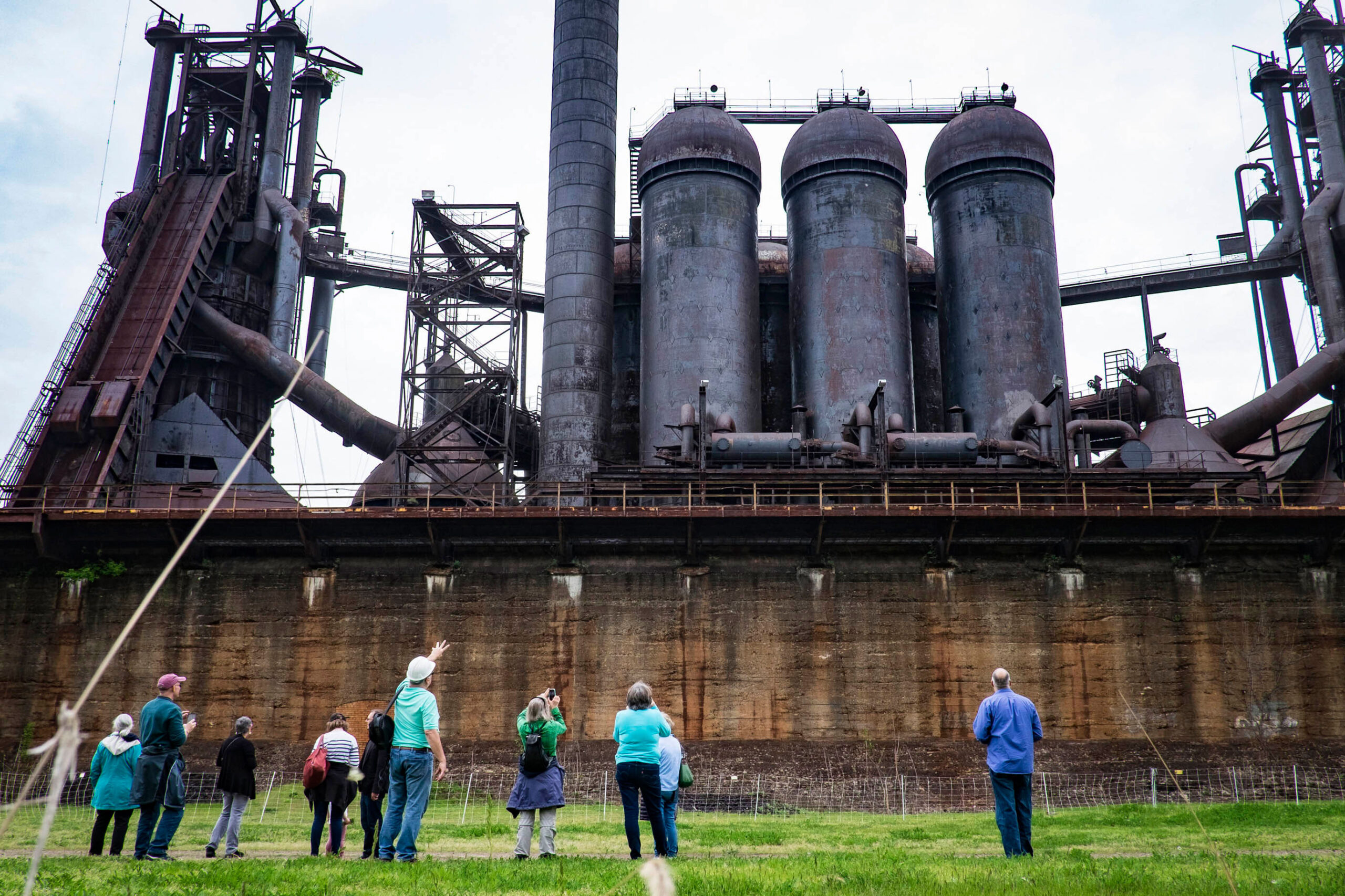 A retired steel worker gives a tour at his former work site at the Carrie Furnaces in Rankin, Pennsylvania.