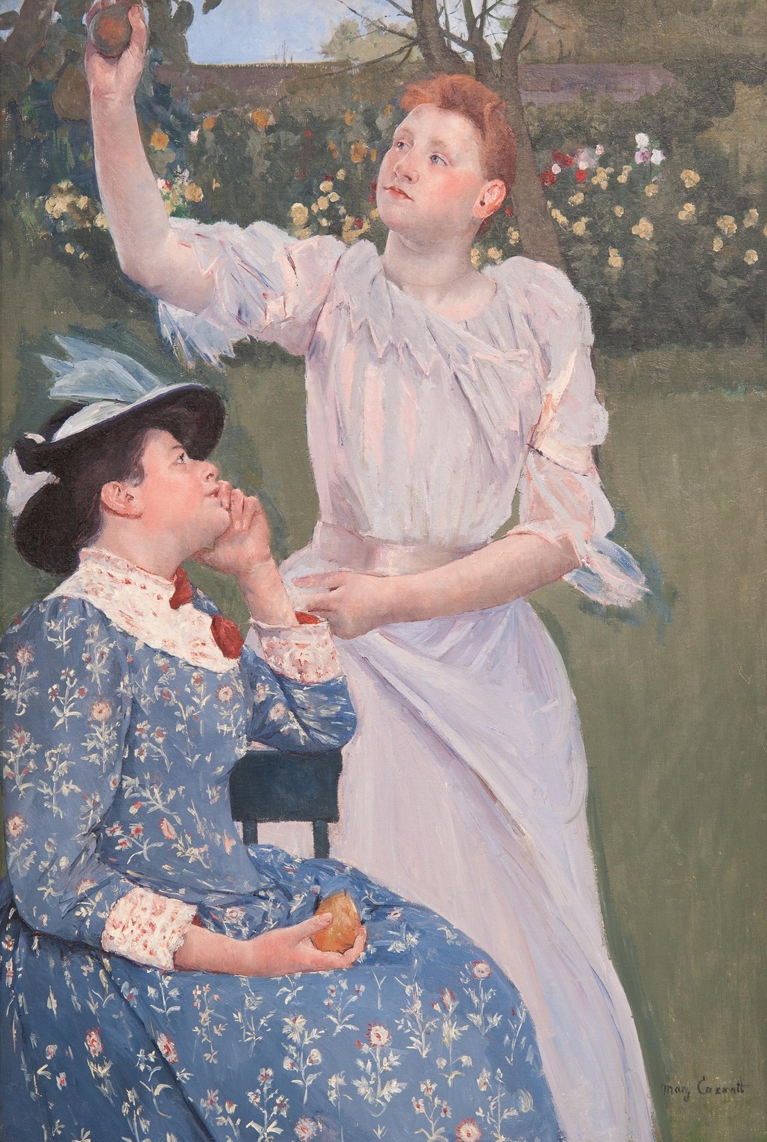 a painting of two women picking fruit.