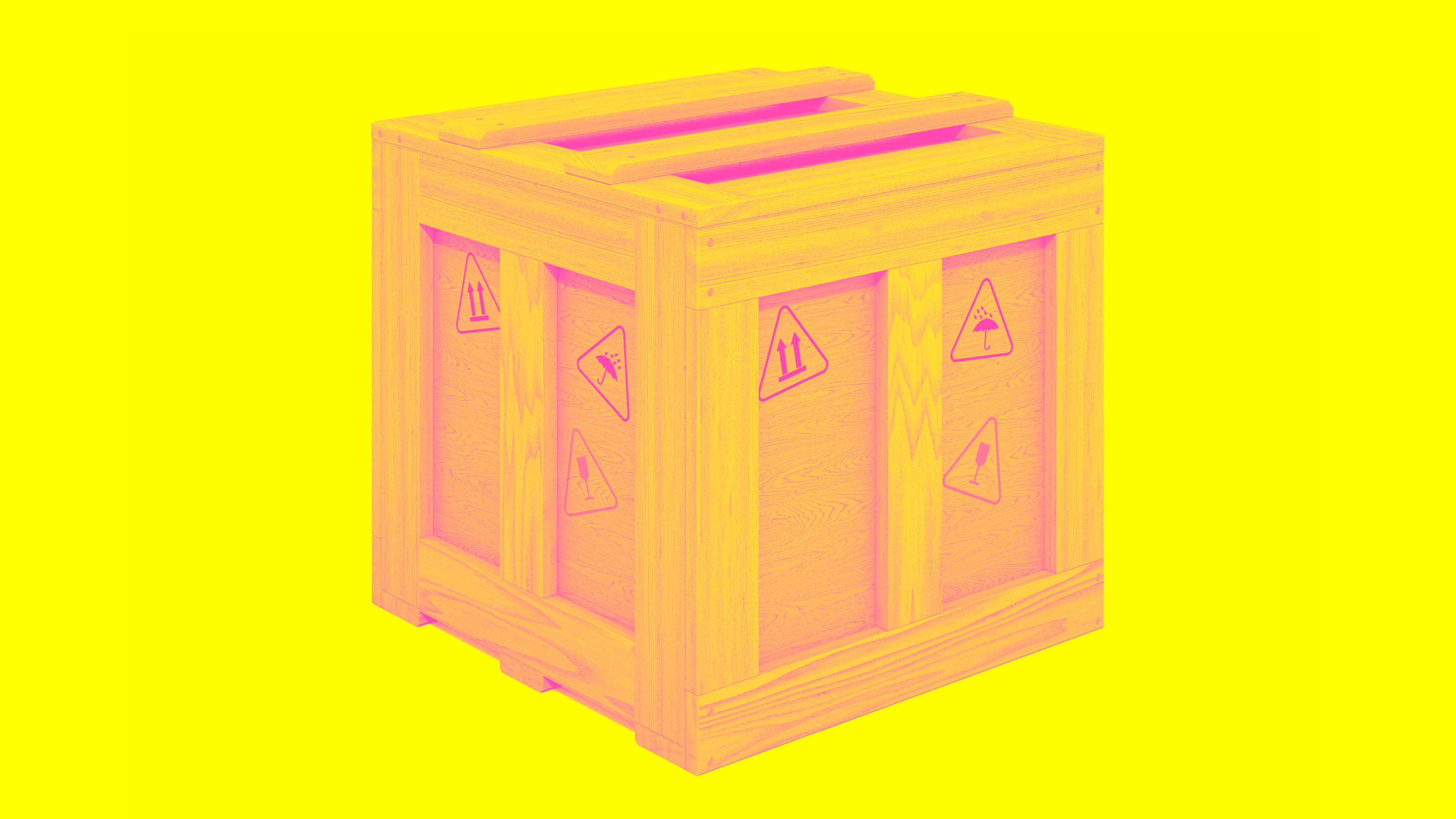 a yellow image with a pink crate