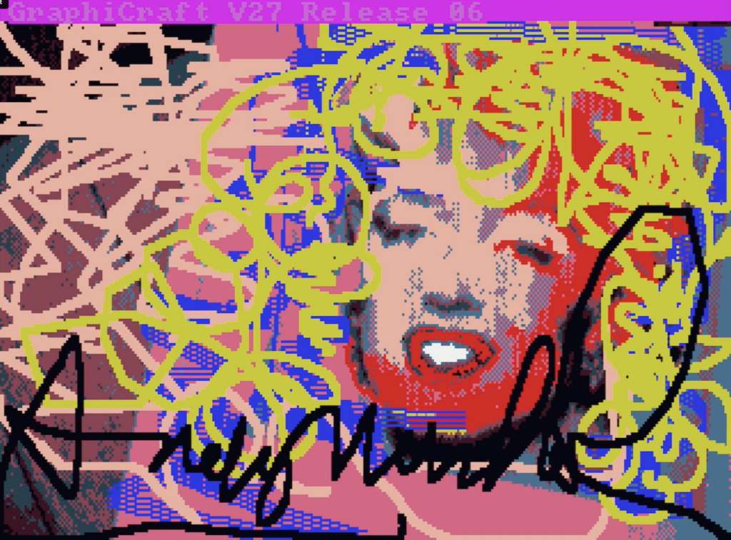 a pixelated drawing of Marilynn Monroe by Andy Warhol as a part of Warhols experimentation with the Amiga