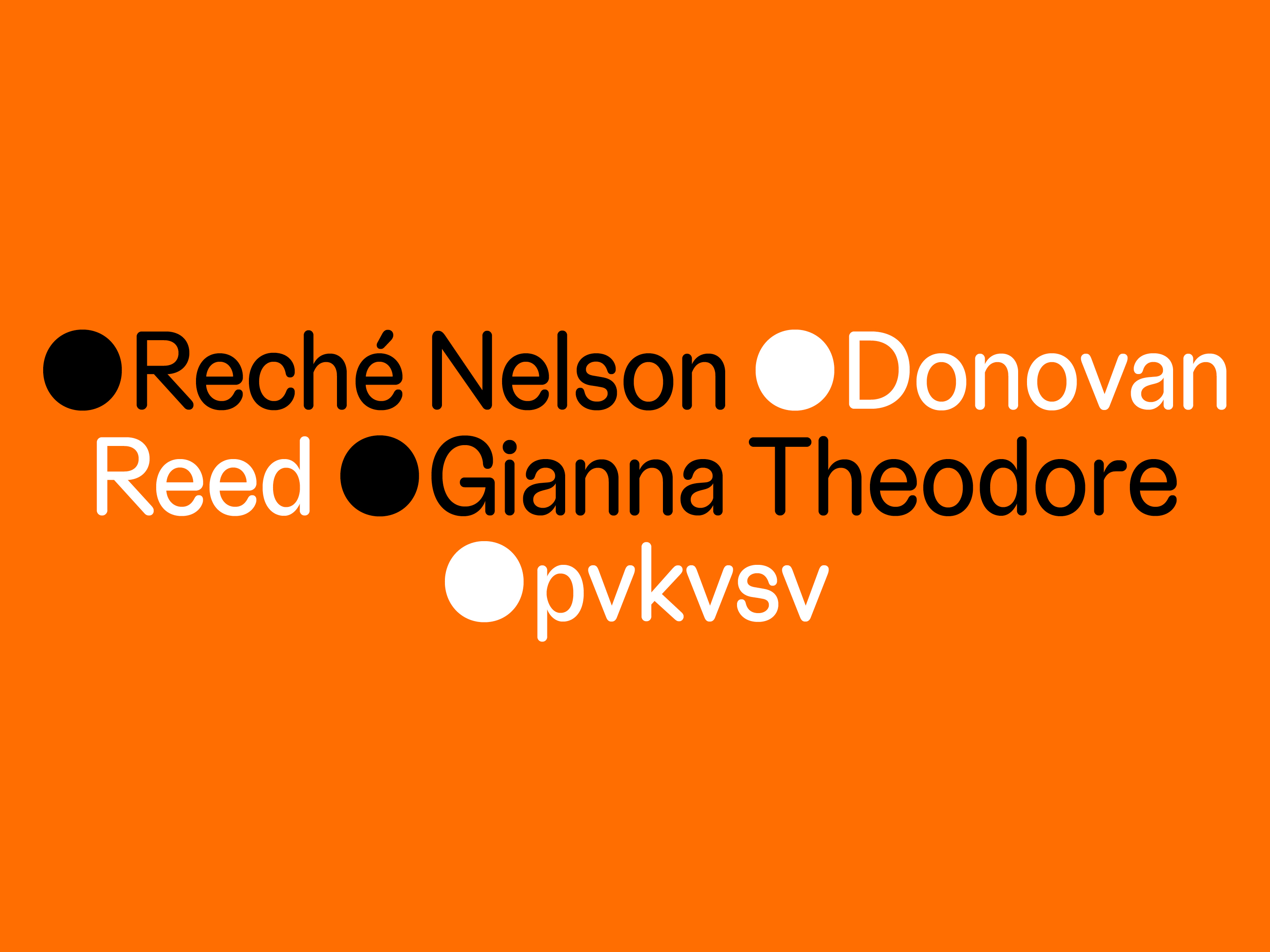 Orange graphic that reads Reché Nelson, Donovan Reed, Gianna Theodore, pvkvsv