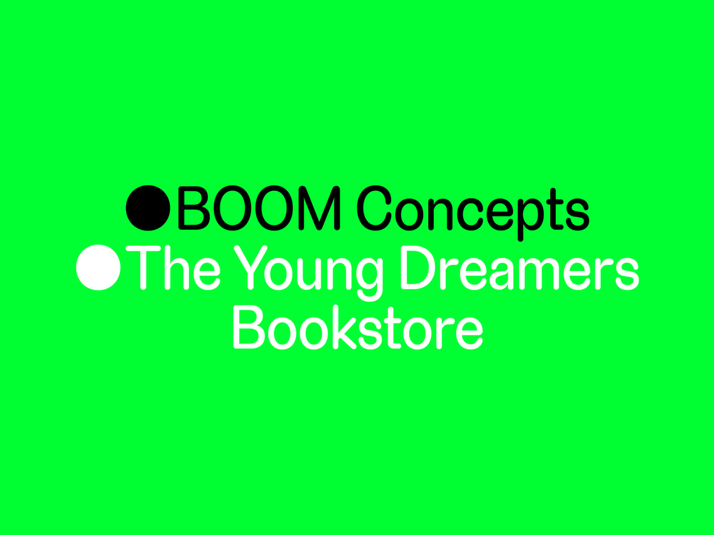 Green graphic that reads BOOM Concepts, The Young Dreamers Bookstore