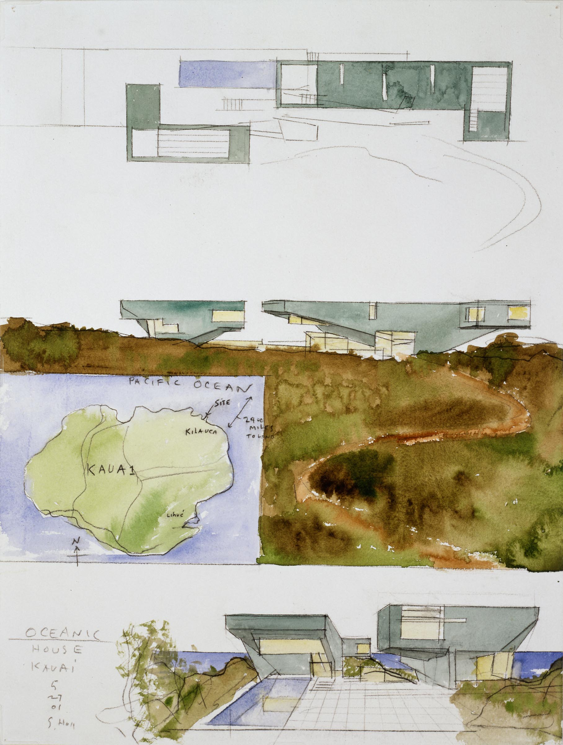 drawings of various architecture by Steven Holl. The building features various trapezoids