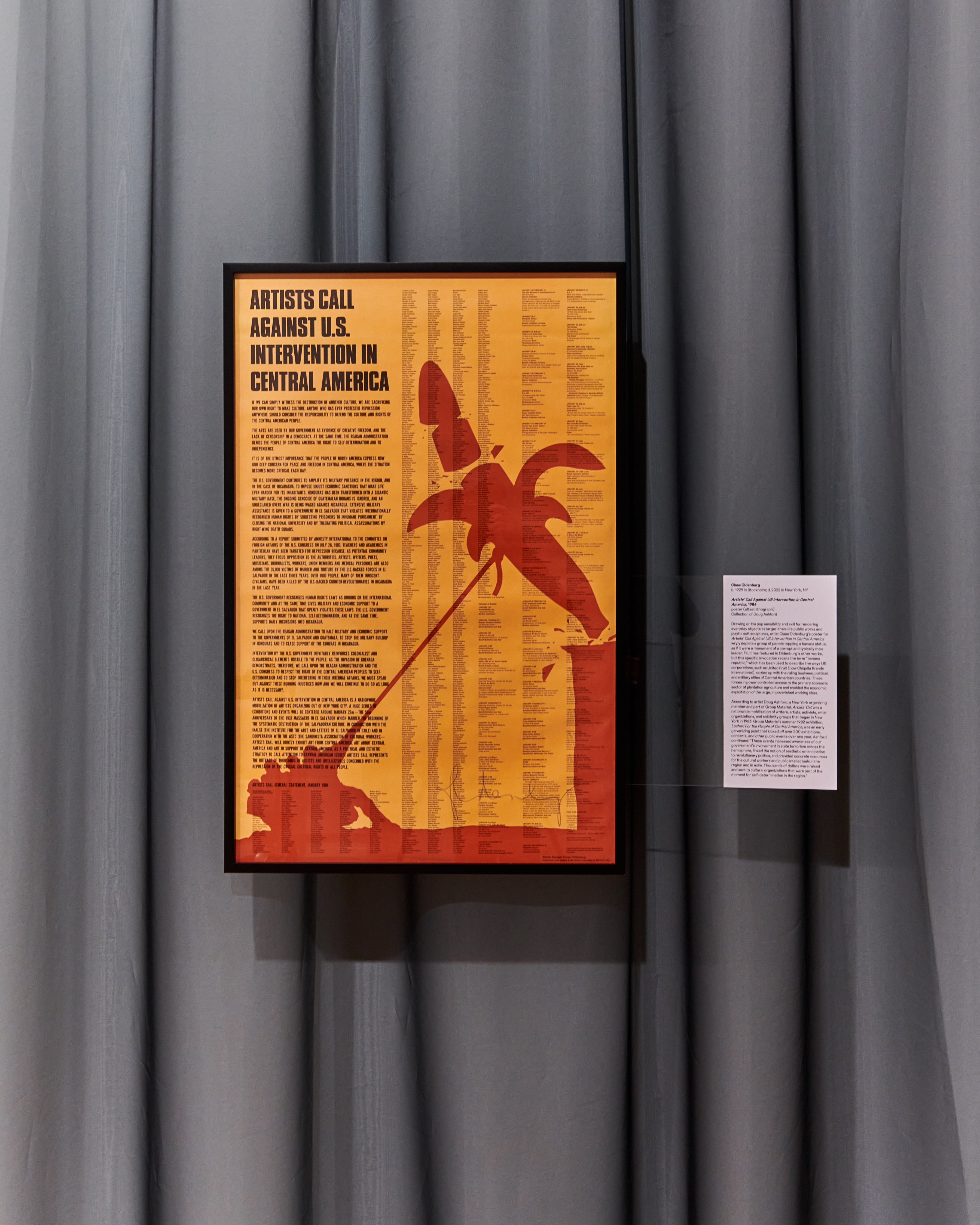 poster that says: Artists call against us intervention in central america. Installation view of Refractions in the 58th Carnegie International, featuring Claes Oldenburg, Artists’ Call Against US Intervention in Central America , 1984, Courtesy of Carnegie Museum of Art; photo: Sean Eaton