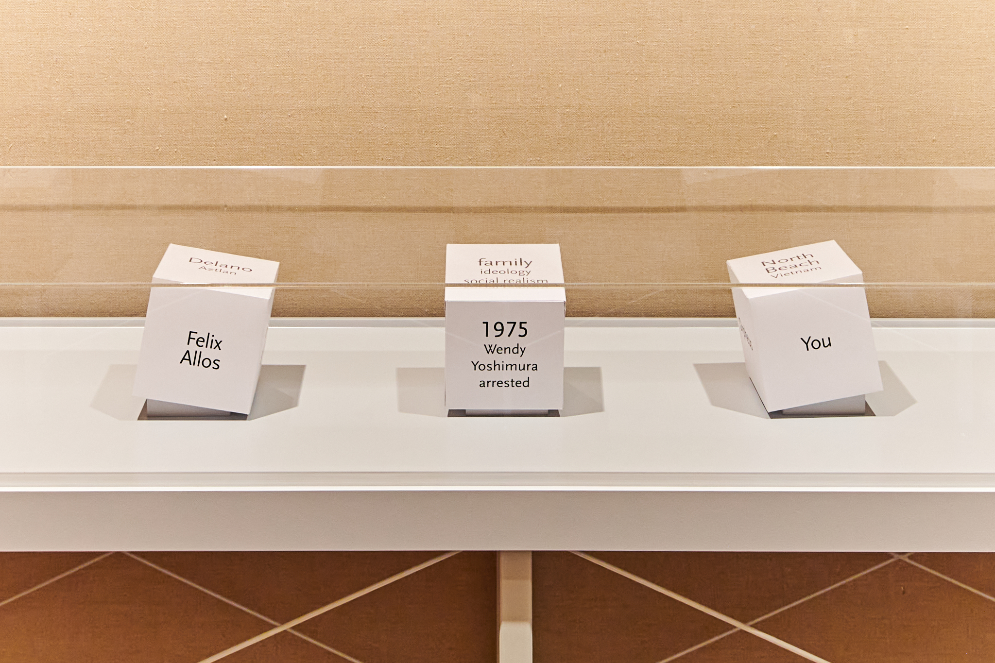 Three paper boxes featuring various text on them within a display case. Installation view of the 58th Carnegie International featuring reproductions of maquettes used to write the novel I Hotel (2010) by Karen Tei Yamashita