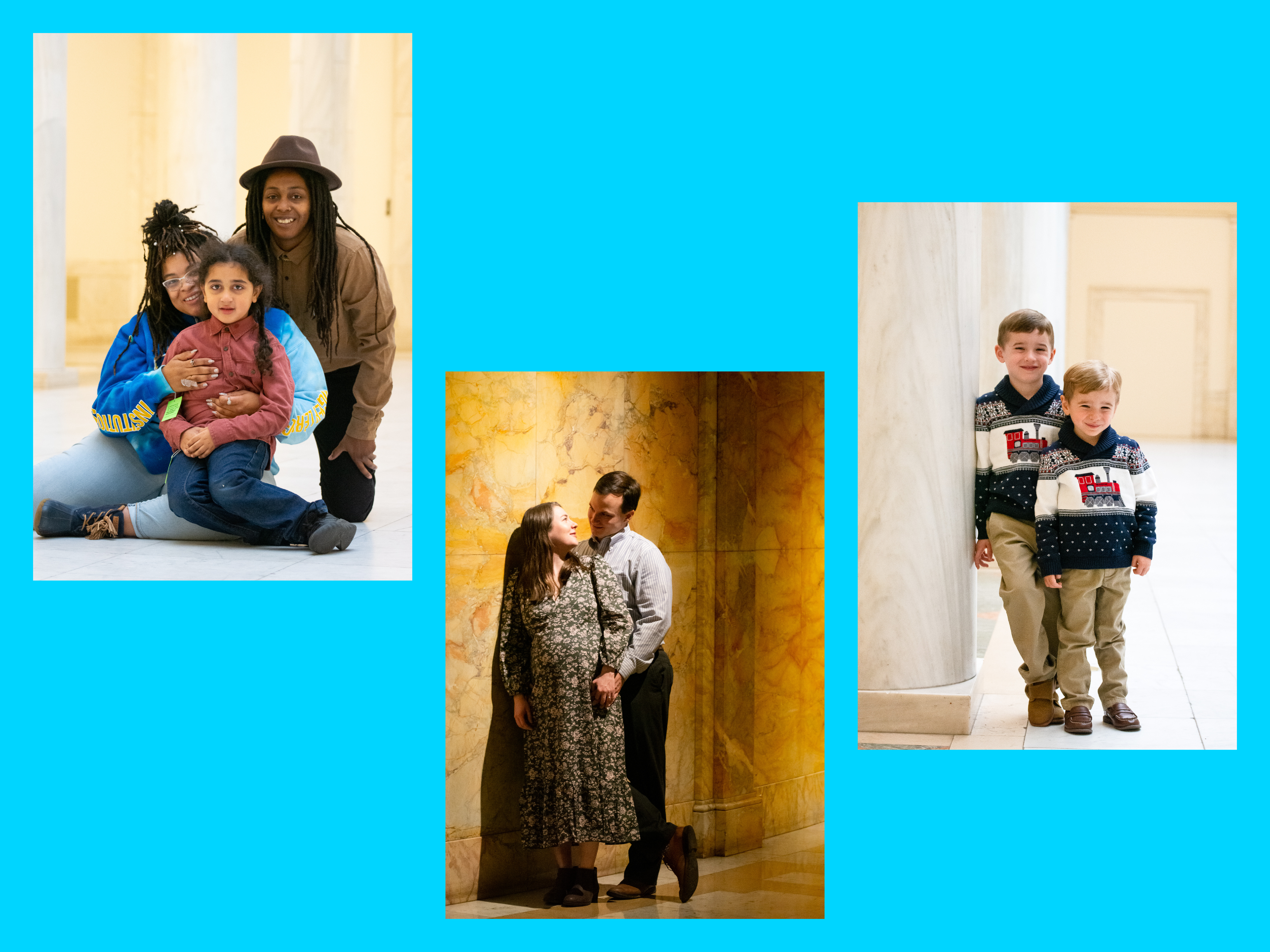 Three photos against a blue background