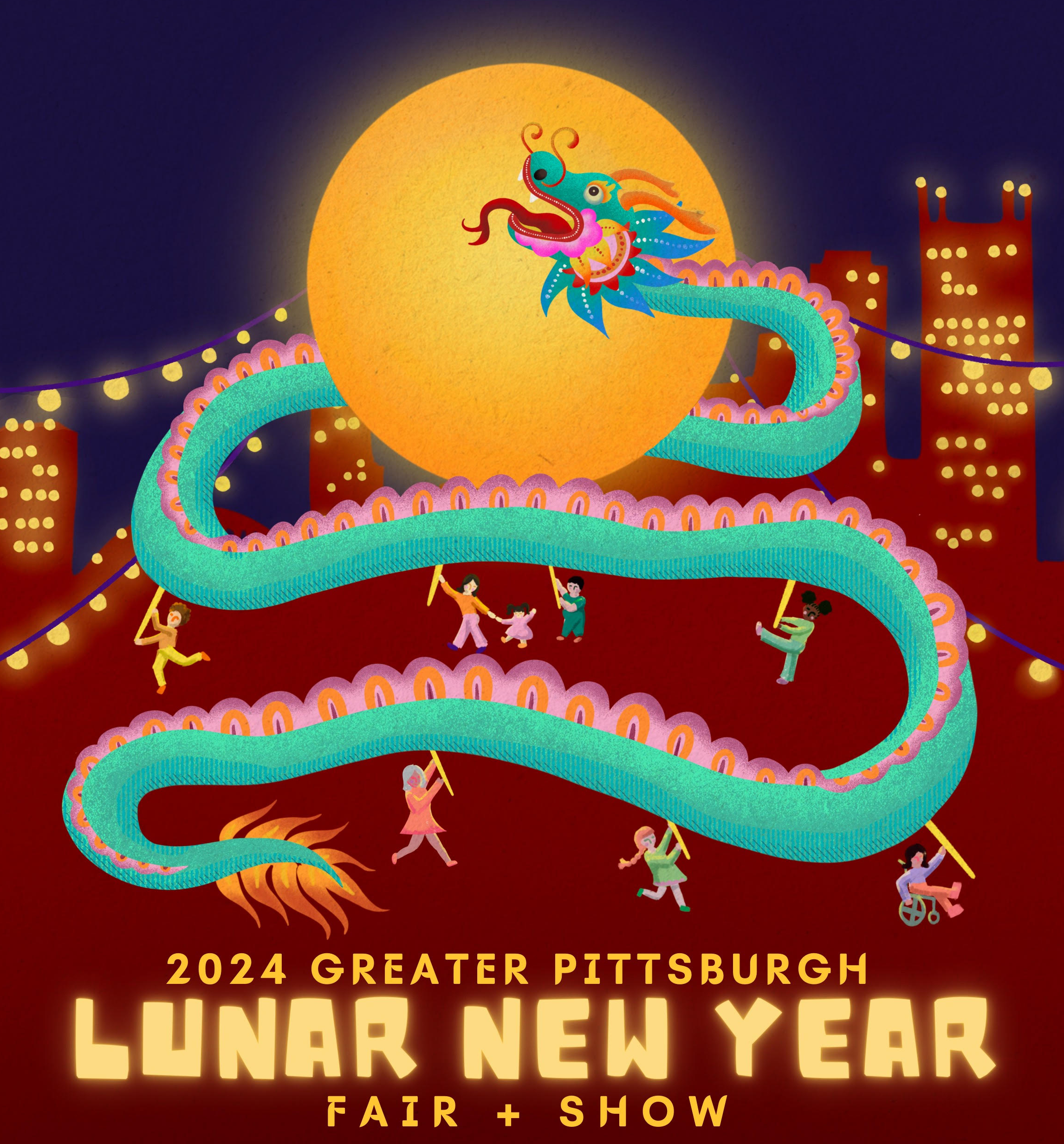 A graphic with a dragon weaving through the PIttsburgh Skyline with the text: 2024 Greater Pittsburgh Lunar New Year Fair + Show