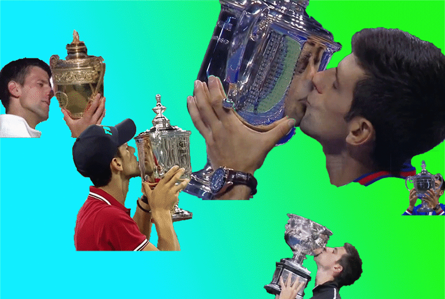 people kissing trophies over gradient background