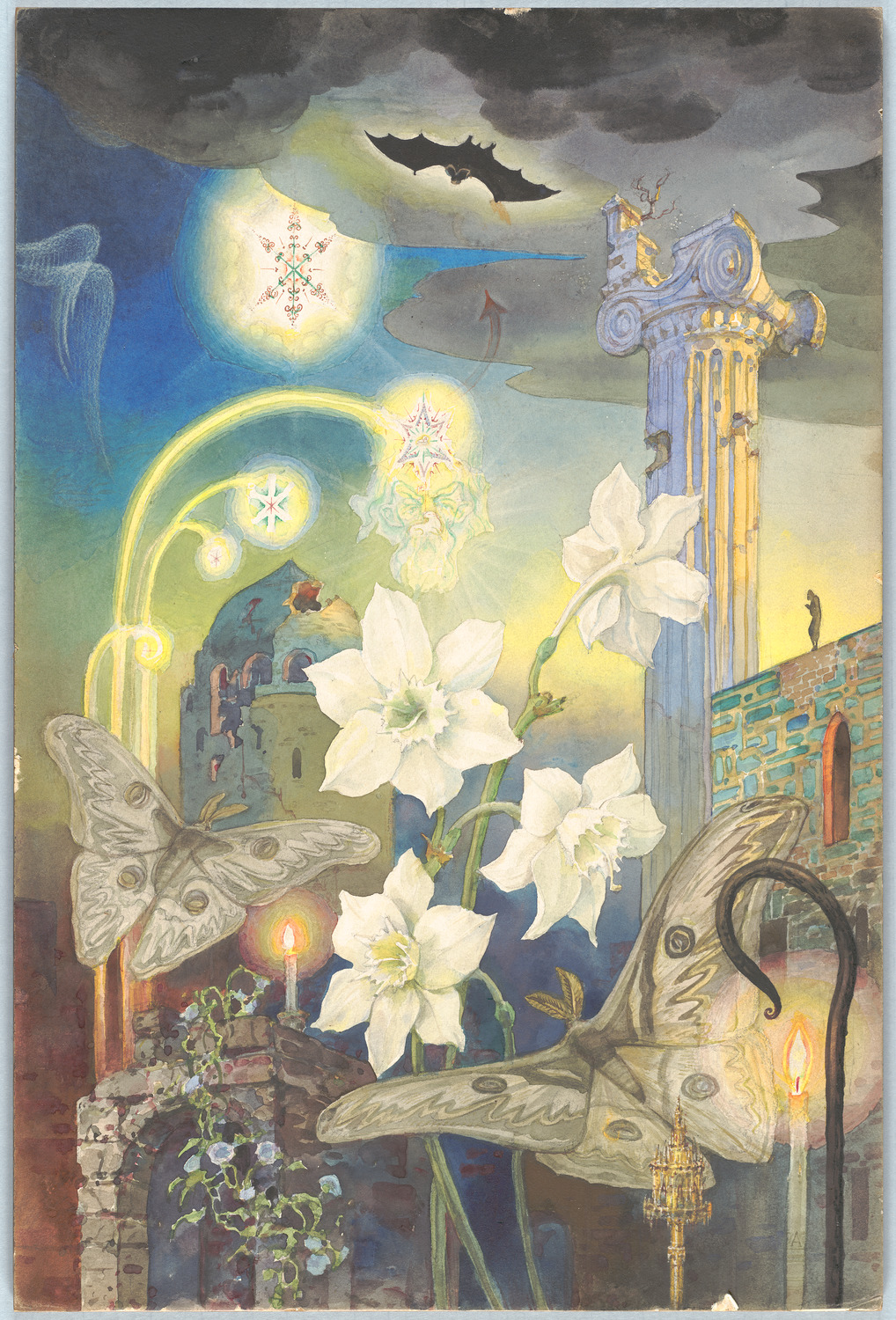 Star of Bethlehem painting featuring moths and flowers watercolor painting by Andrey Avinoff