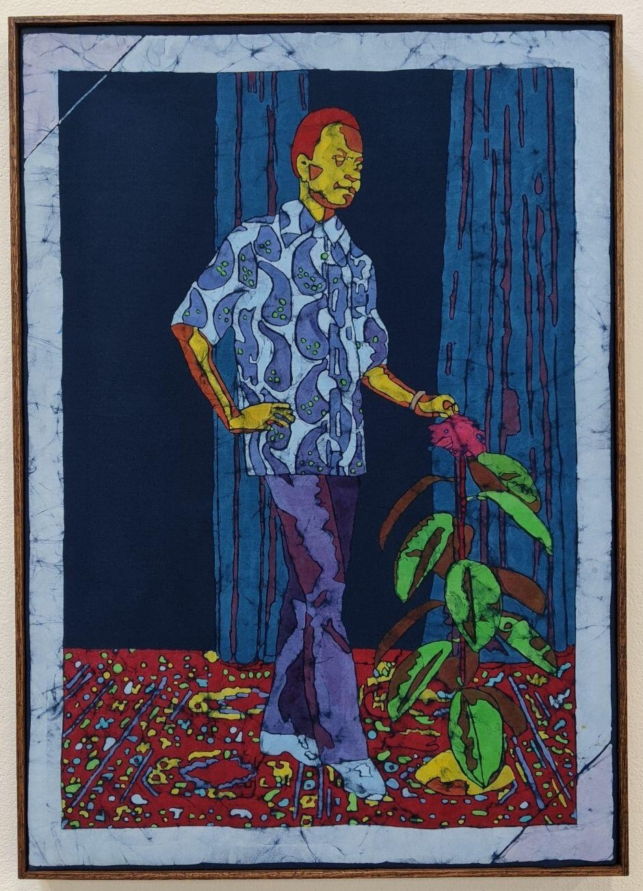 dye on cotton fabric of a person dusting off a plant by Addoley Dzegede
