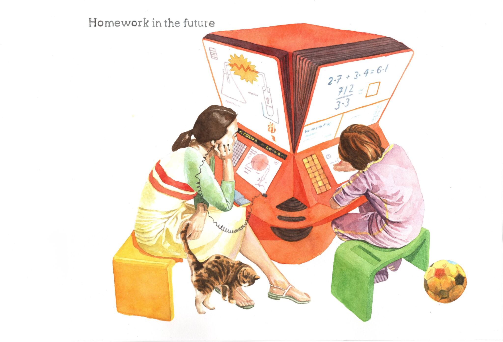 illustration of homework in the future with students on a machine that had audio, buttons, and digital aspects.