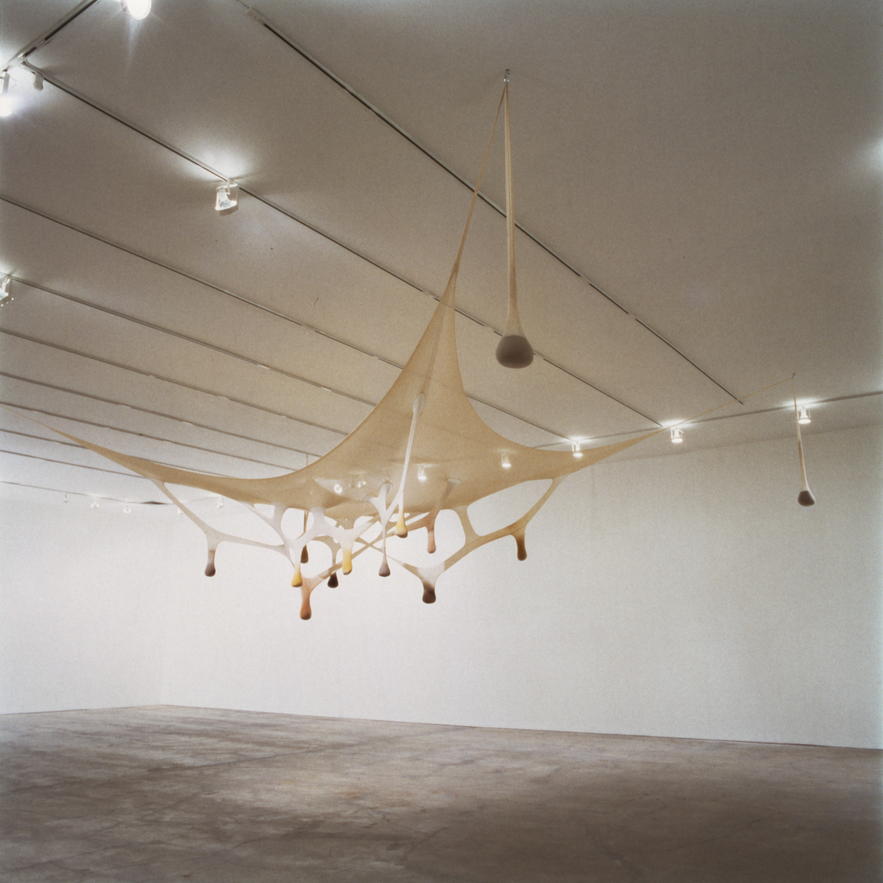 abstract art netting and balls hanging from the ceiling by Ernesto Neto