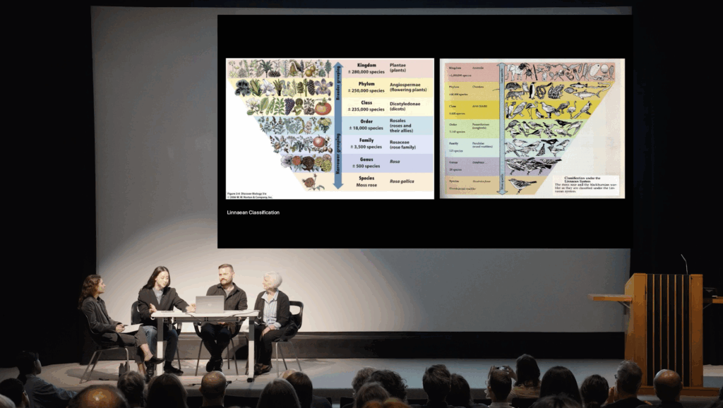 people speaking at a table in a podium